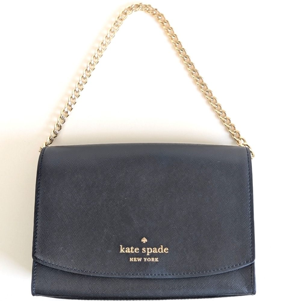 Kate Spade Carson Handbag Short Chain Strap Black Saffiano Leather Gold Tone